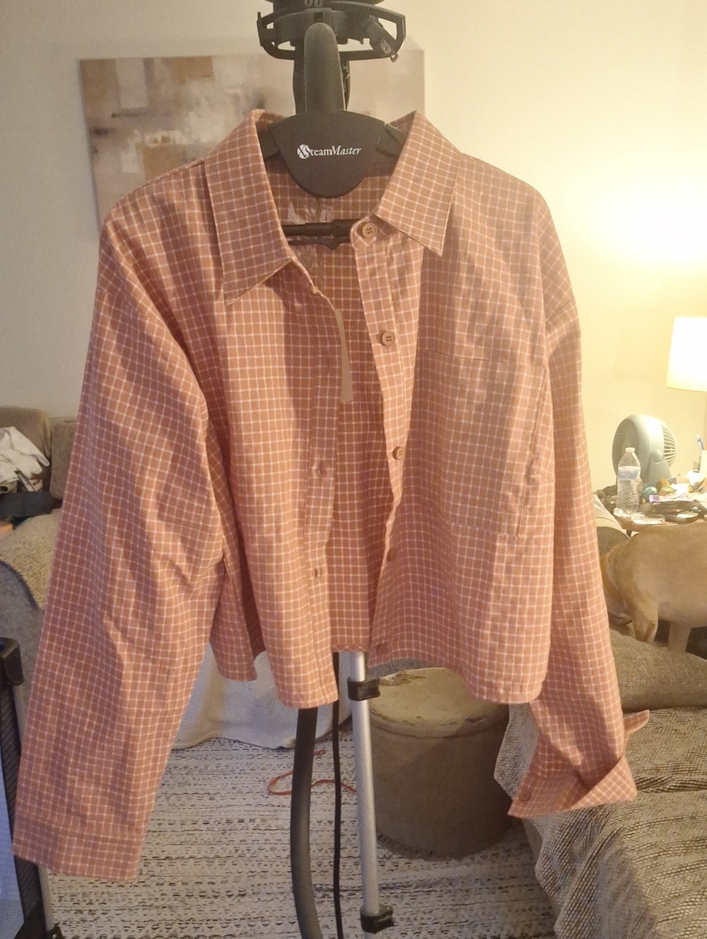 easel Rust Pink Plaid Cropped Button-Up Jacket